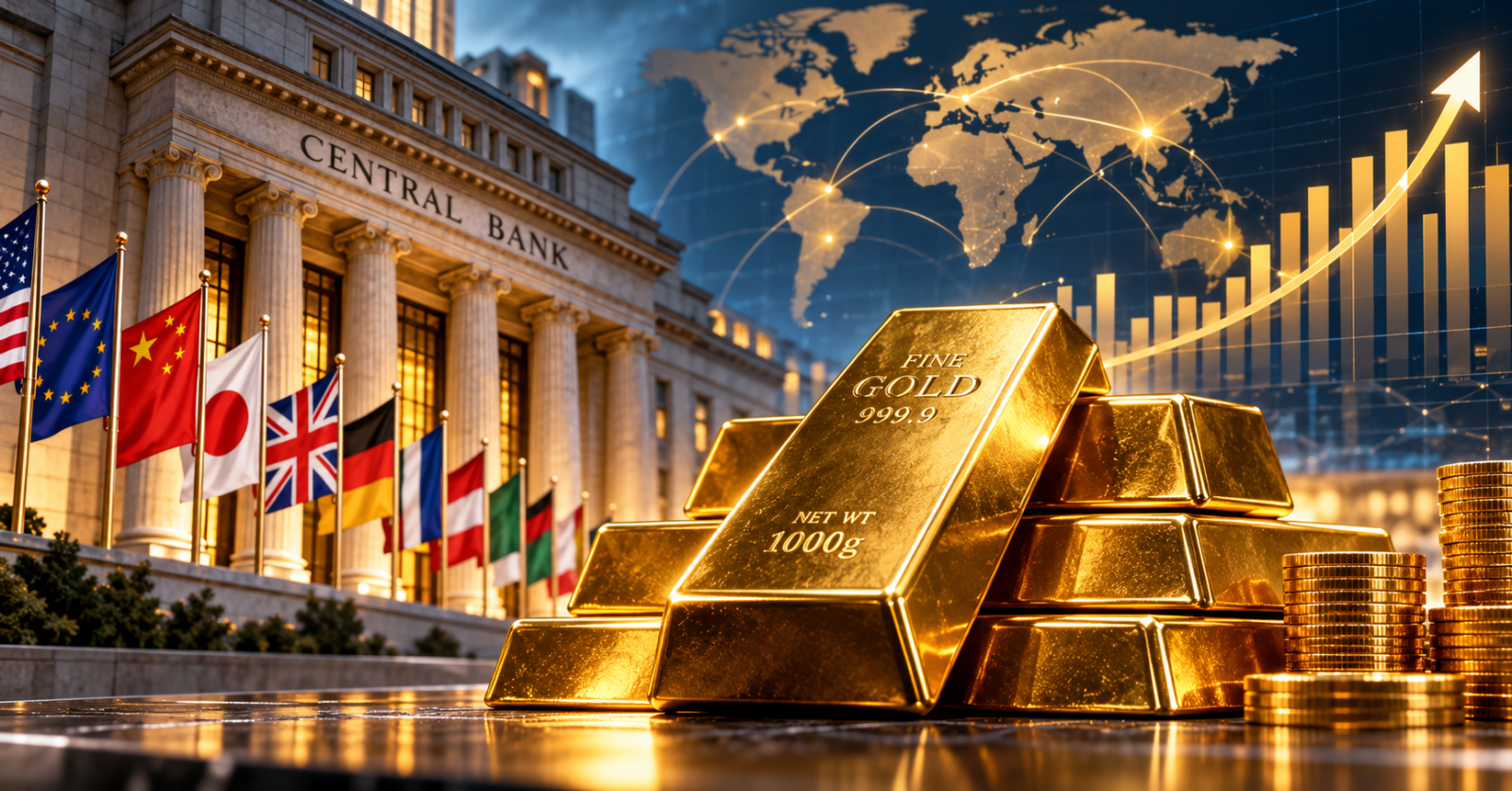 Central banks buying gold in 2026 with stacked gold bars, global reserve diversification, and rising gold demand